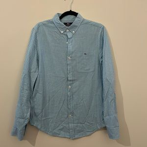 Green, blue, white gingham button down shirt